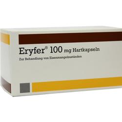 Die Verpackung zeigt Eryfer 100 mg Kapseln zur Behandlung von Eisenmangel.