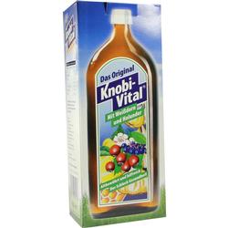 Braune Flasche mit Knoblauch- und Kräutersaft, auf einem grünen Karton.