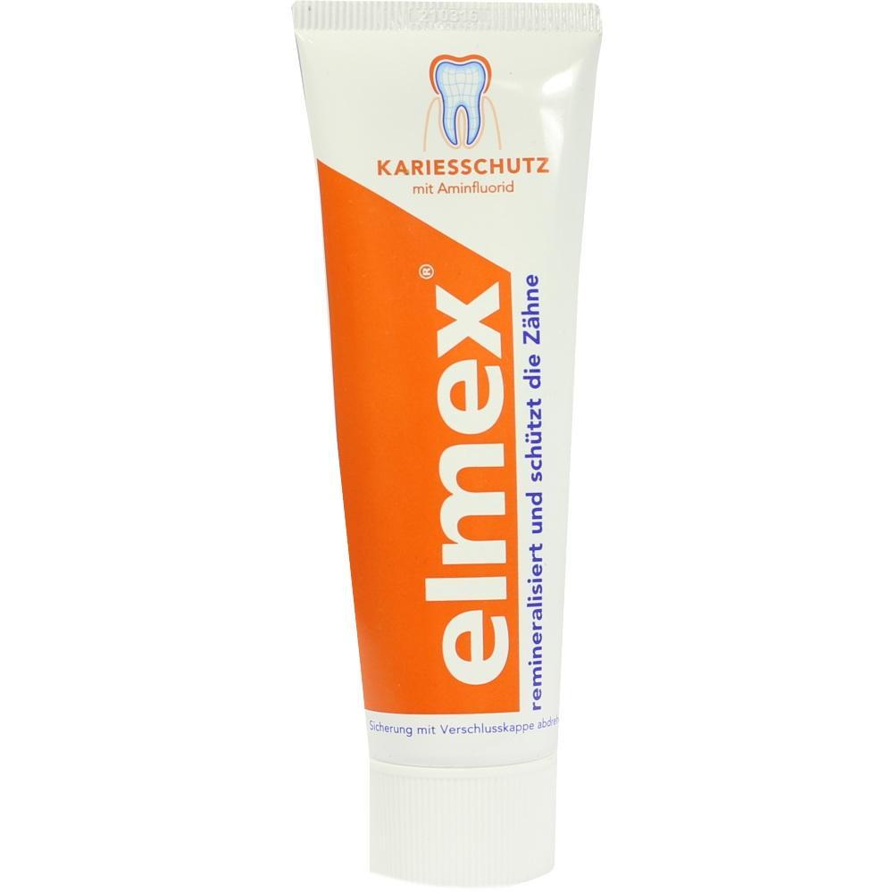 Eine Zahnpastatube der Marke Elmex mit orange-weißem Design.