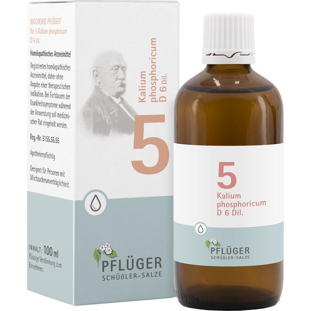 Braune Flasche mit Verpackung von homöopathischen Tropfen "Kalium phosphoricum D6".