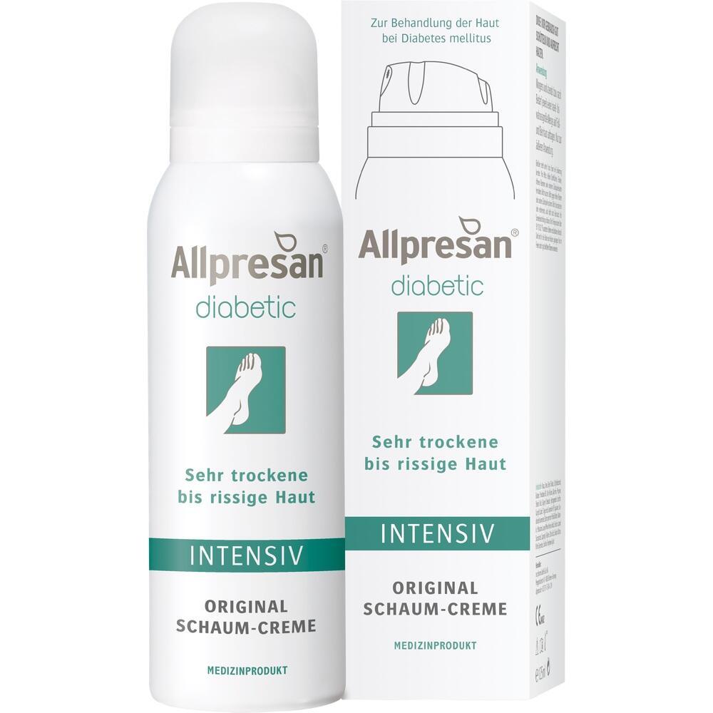 Eine Dose Allpresan Schaum-Creme für trockene Haut neben der Verpackung.