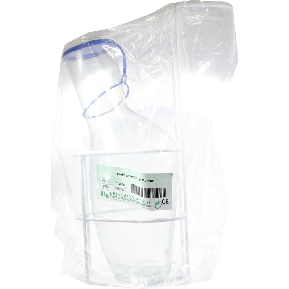Plastikflasche und Halterung in durchsichtiger Verpackung.