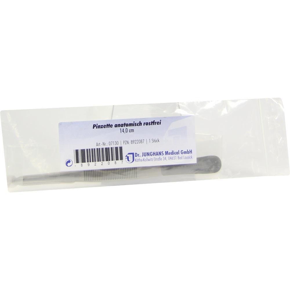 Eine rostfreie anatomische Pinzette in einer Plastikverpackung.