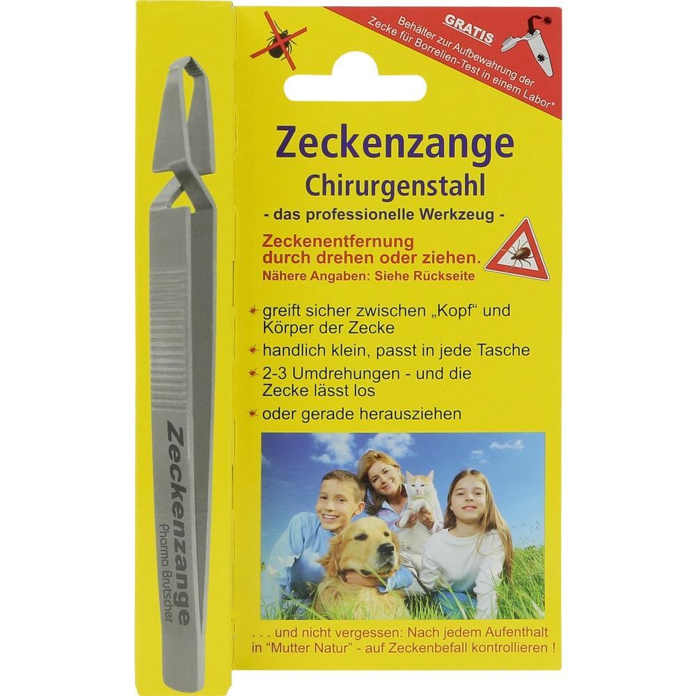 Gelbe Packung einer Zeckenzange mit Bild von Familie und Hund im Gras.