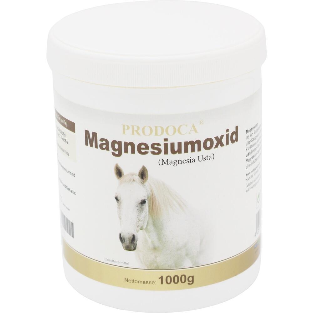 Weiße Dose mit der Aufschrift "Magnesiumoxid" und einem Pferdebild.