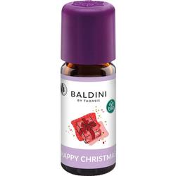 Braunes Fläschchen mit violettem Deckel, beschriftet mit "Baldini" und "Happy Christmas".